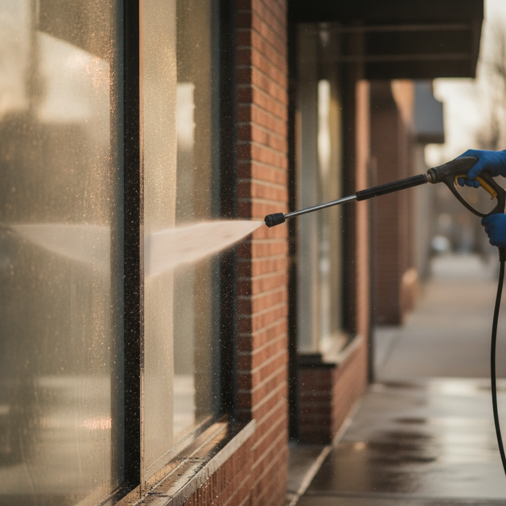 hand doing Storefront Cleaning through Pressure Washing